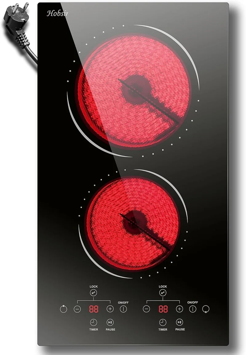 Plaque de cuisson Vitrocéramique 2 Feux avec Prise, 30cm Encastrable, 3000W, Tactile I9 Niveaux, Minuterie