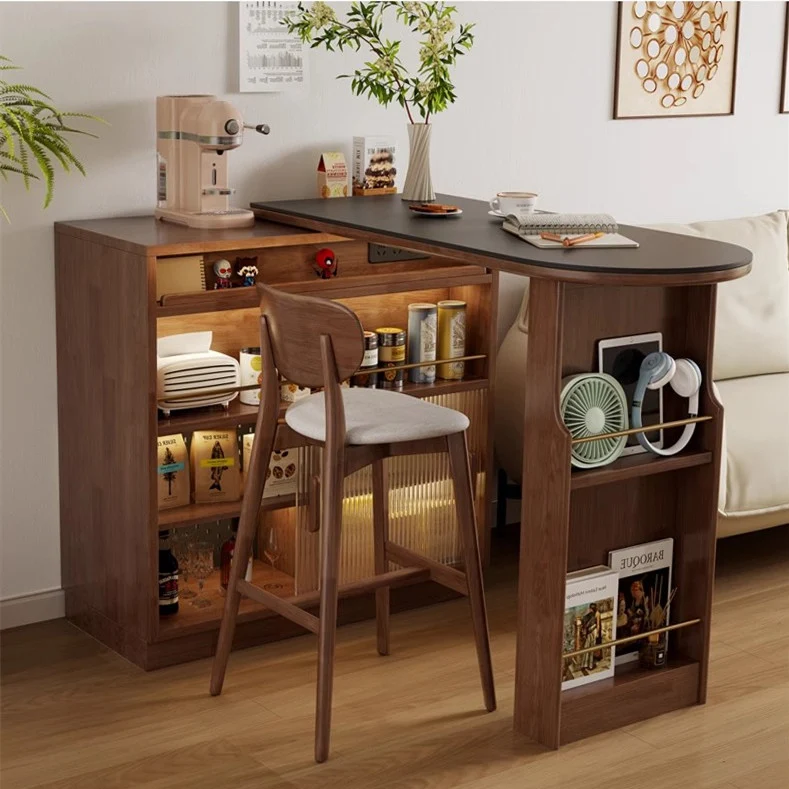Table de bar rotative à 360° en bois massif avec meuble de rangement double face