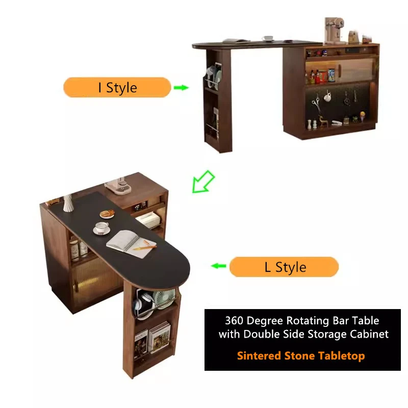 Table de bar rotative à 360° en bois massif avec meuble de rangement double face