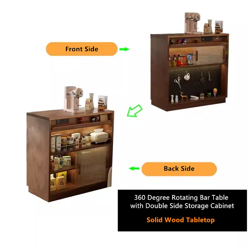 Table de bar rotative à 360° en bois massif avec meuble de rangement double face