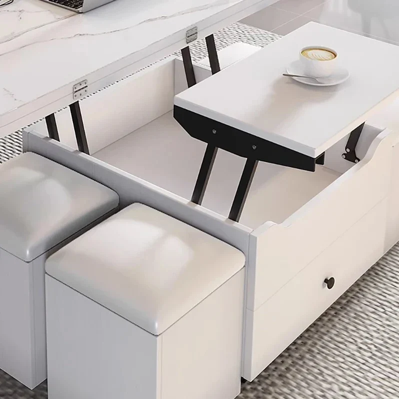Table basse multifonctionnelle à plateau relevable avec 4 tabourets de rangement