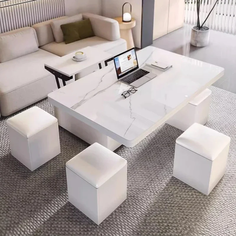 Table basse multifonctionnelle à plateau relevable avec 4 tabourets de rangement