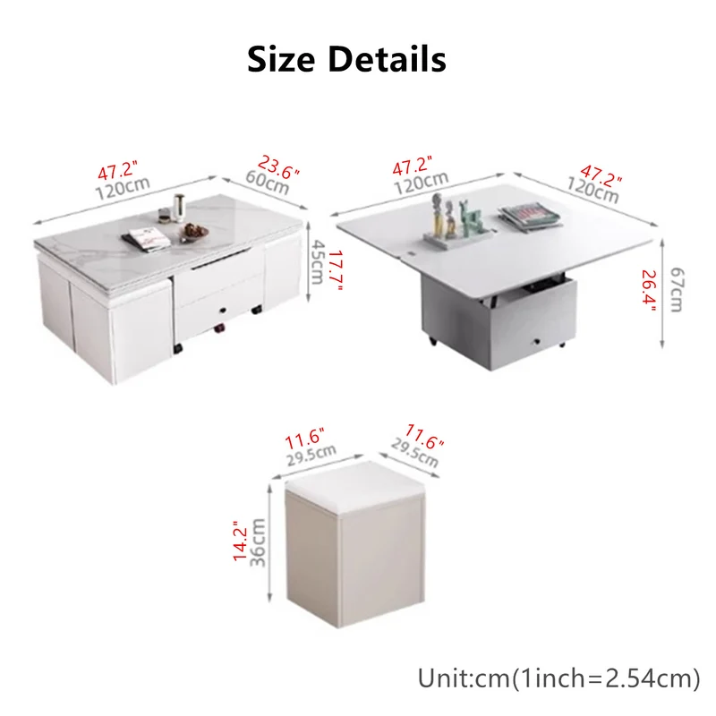 Table basse multifonctionnelle à plateau relevable avec 4 tabourets de rangement