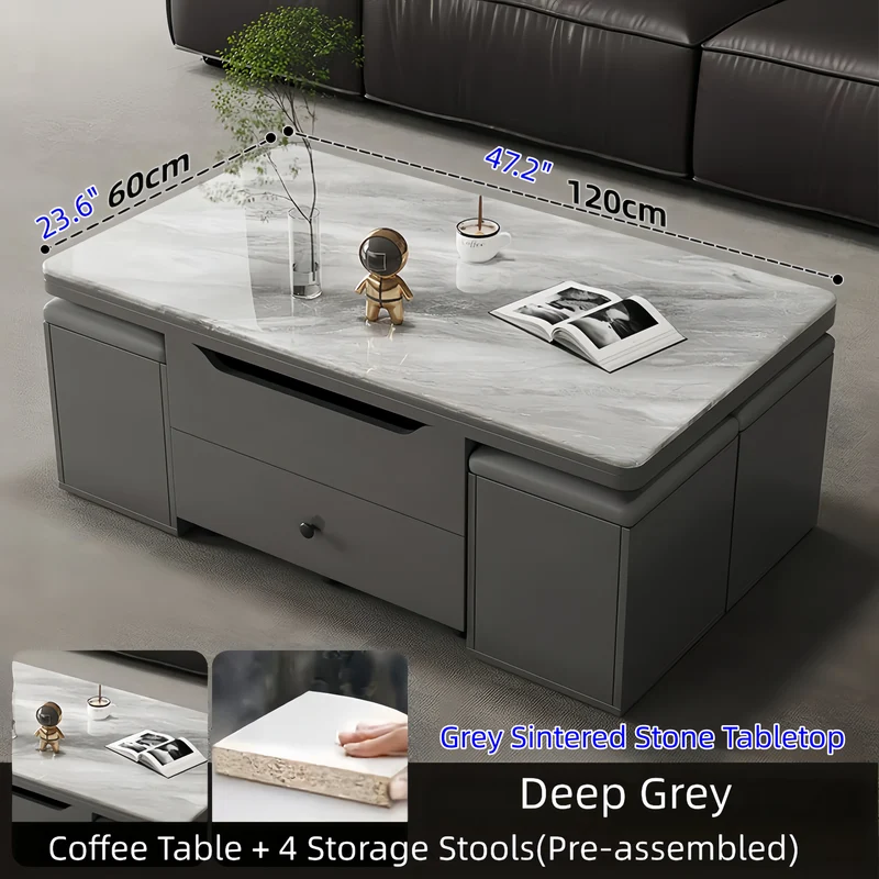 Table basse multifonctionnelle à plateau relevable avec 4 tabourets de rangement