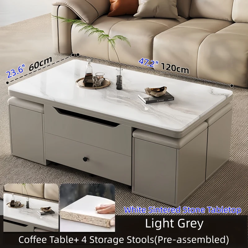 Table basse multifonctionnelle à plateau relevable avec 4 tabourets de rangement