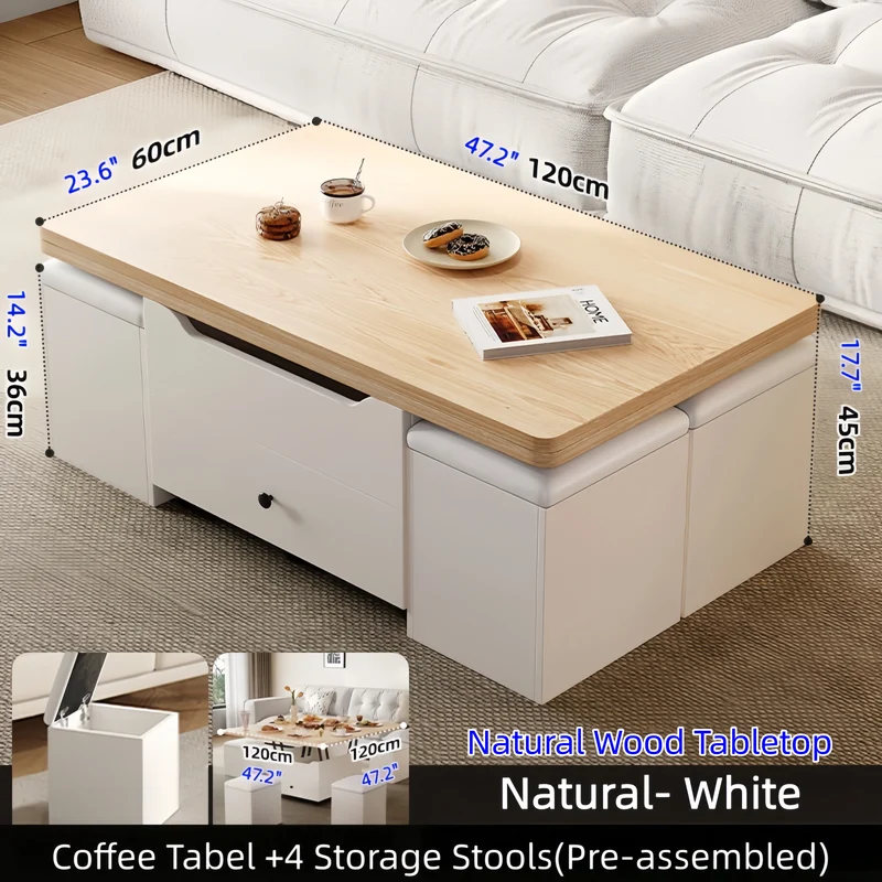 Table basse multifonctionnelle à plateau relevable avec 4 tabourets de rangement
