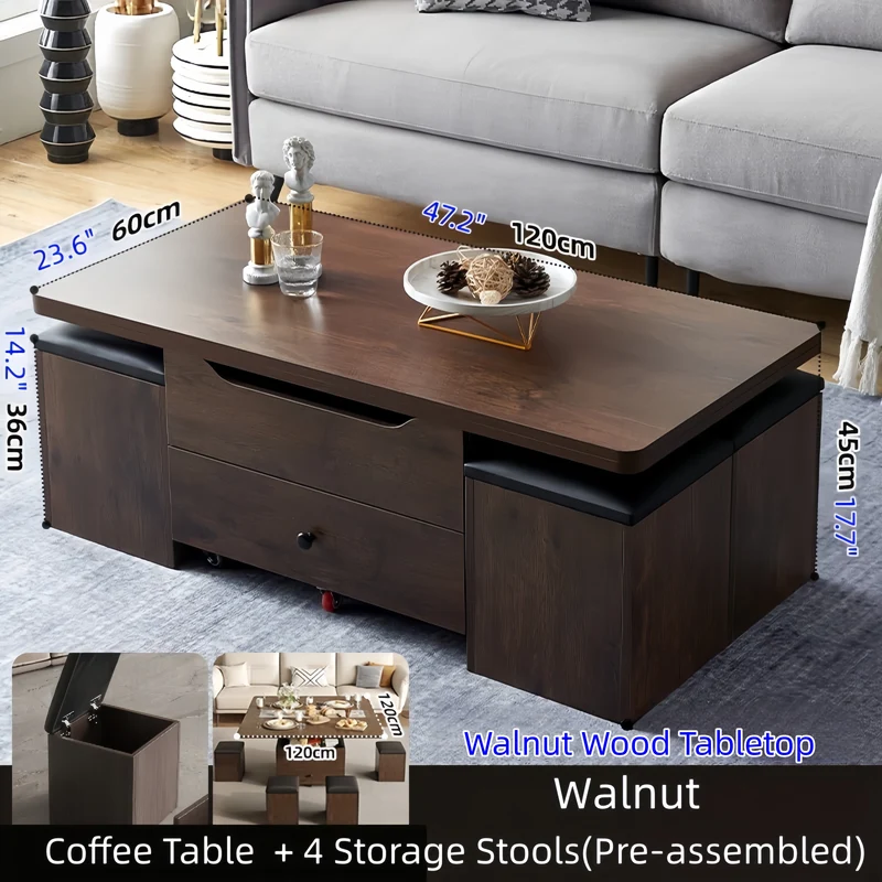 Table basse multifonctionnelle à plateau relevable avec 4 tabourets de rangement