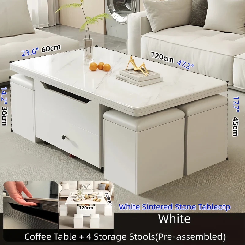 Table basse multifonctionnelle à plateau relevable avec 4 tabourets de rangement