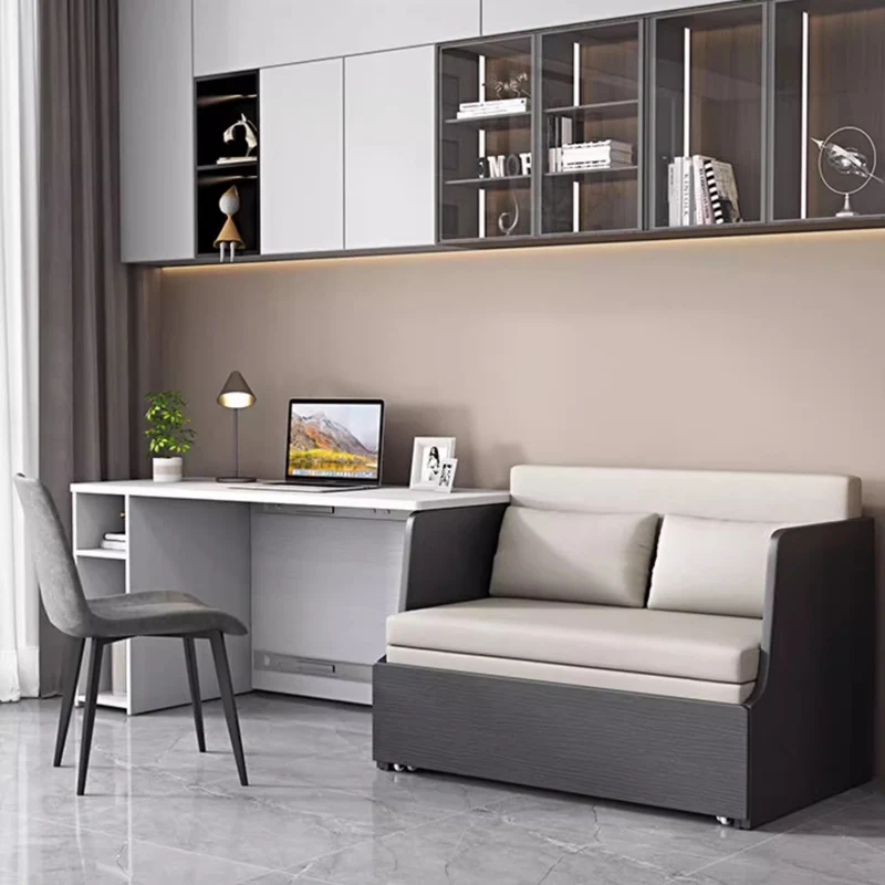 Canapé-lit peu encombrant avec rangement en dessous et ensemble de bureau d'ordinateur