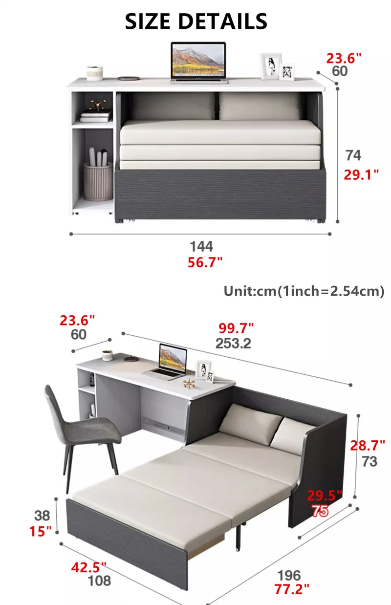 Canapé-lit peu encombrant avec rangement en dessous et ensemble de bureau d'ordinateur