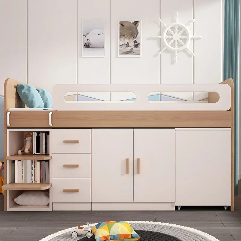 Lit mezzanine en bois pour enfants avec petit bureau coulissant, armoire et armoire de rangement