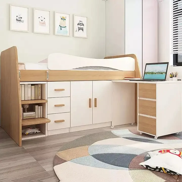 Lit mezzanine en bois pour enfants avec petit bureau coulissant, armoire et armoire de rangement
