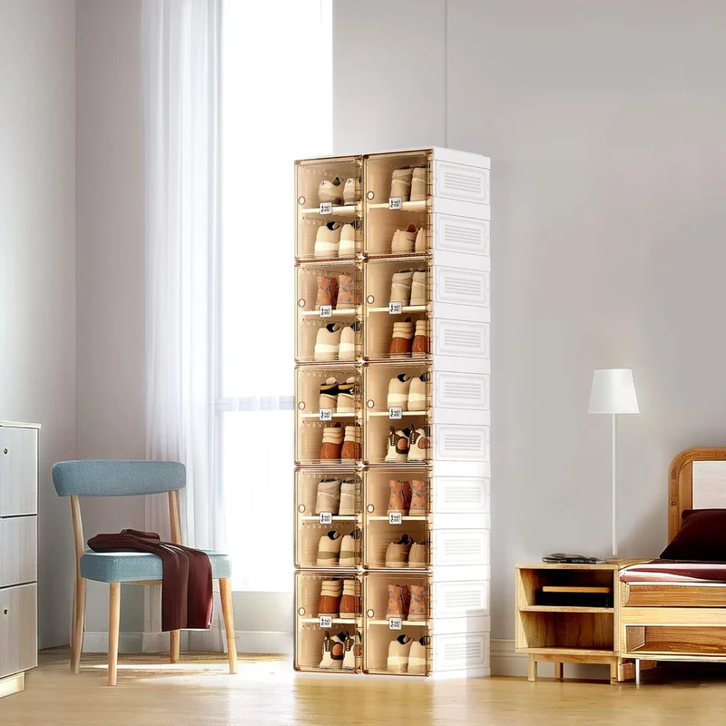 Boîte de rangement pour organisateur de chaussures, portable et pliable, facile à assembler, avec porte transparente magnétique