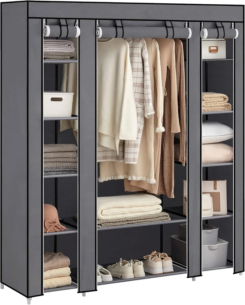 Armoire en Tissu avec Tringle à vêtements et étagères 150 x 45 x 175 cm, Gris