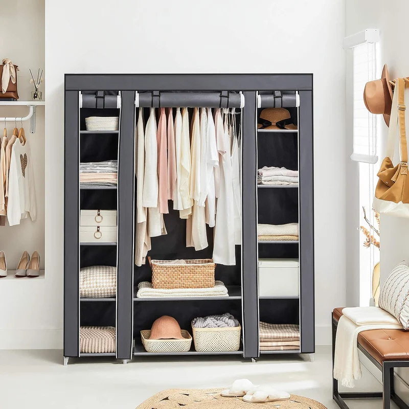 Armoire en Tissu avec Tringle à vêtements et étagères 150 x 45 x 175 cm, Gris