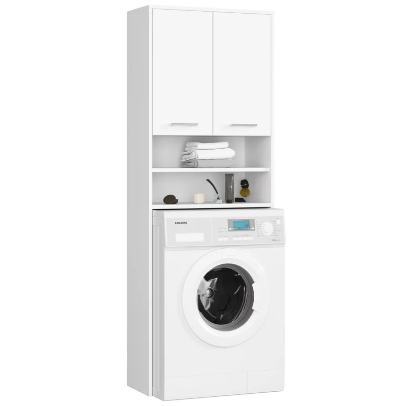 Meuble Machine à Laver 2 Portes Façade Blanc 4 Étagères 64x30x180 Cm
