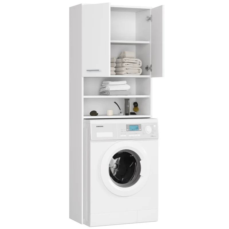 Meuble Machine à Laver 2 Portes Façade Blanc 4 Étagères 64x30x180 Cm