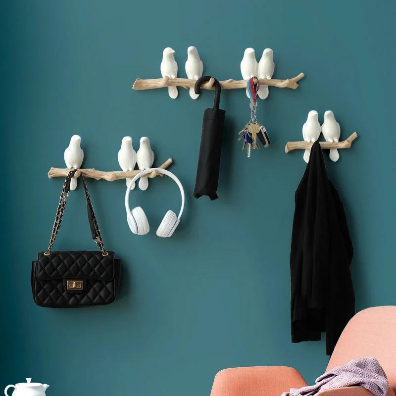 Oiseaux sur branche d'arbre décor mural porte-manteau avec crochets