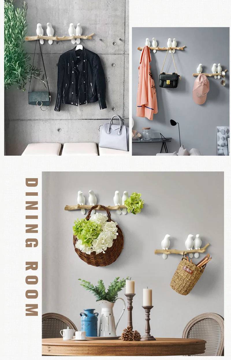 Oiseaux sur branche d'arbre décor mural porte-manteau avec crochets