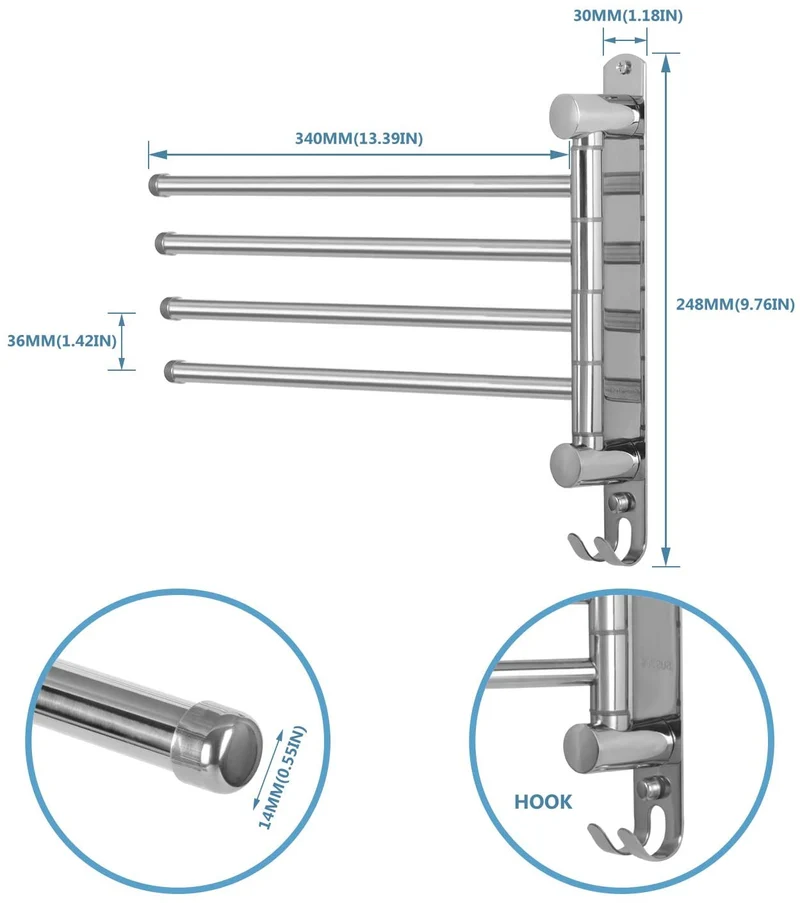 Porte-serviettes pivotant à 4 bras en acier inoxydable