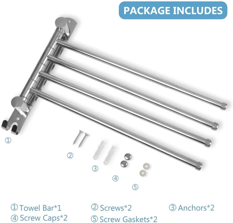 Porte-serviettes pivotant à 4 bras en acier inoxydable