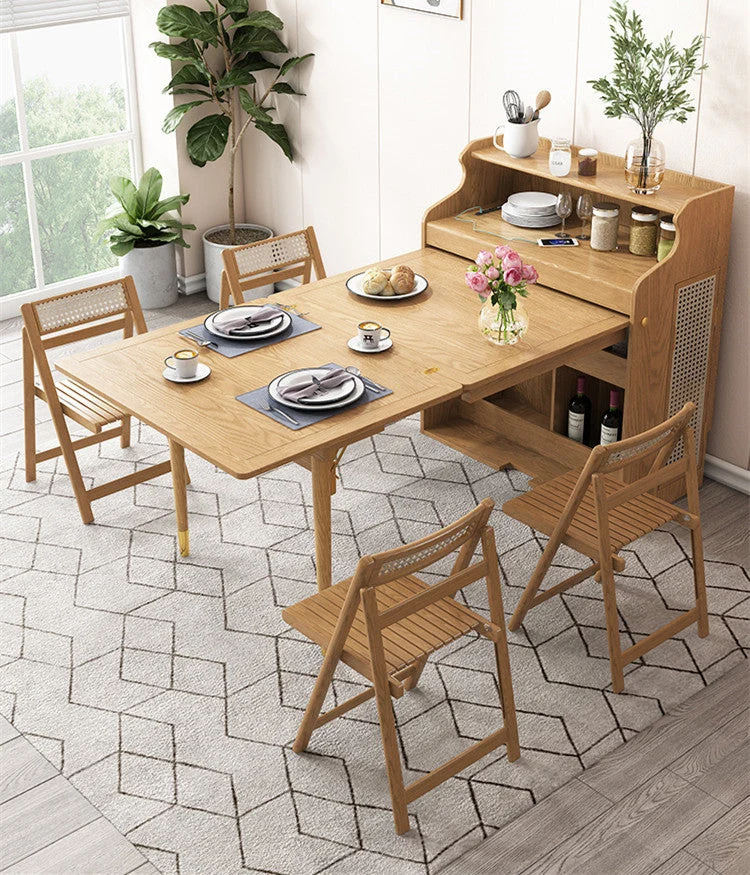Table à manger multifonctionnelle pliante en bois massif avec armoire et chaises pliantes