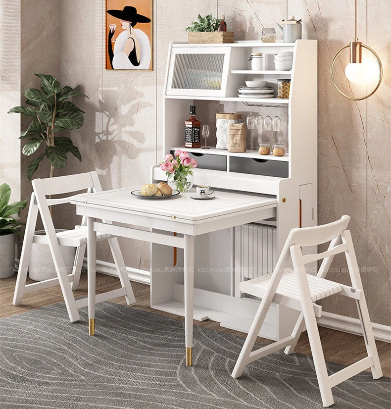 Table à manger multifonctionnelle pliante en bois massif avec armoire et chaises pliantes
