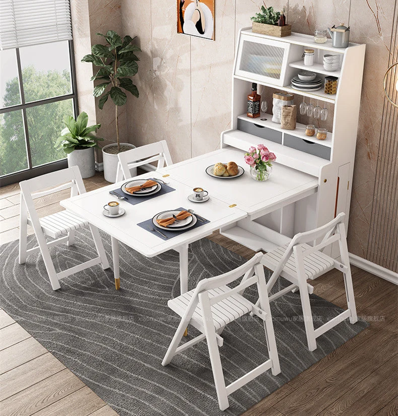 Table à manger multifonctionnelle pliante en bois massif avec armoire et chaises pliantes