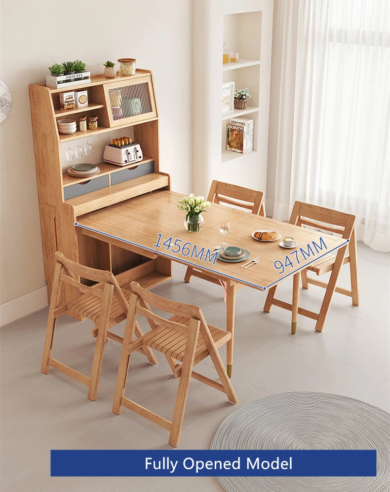 Table à manger multifonctionnelle pliante en bois massif avec armoire et chaises pliantes
