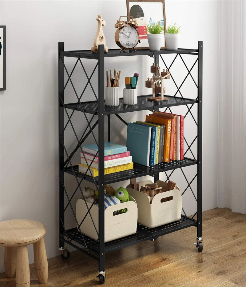 Étagères de rangement pliantes en métal sans assemblage avec roues pour garage, chambre, cuisine et garde-manger