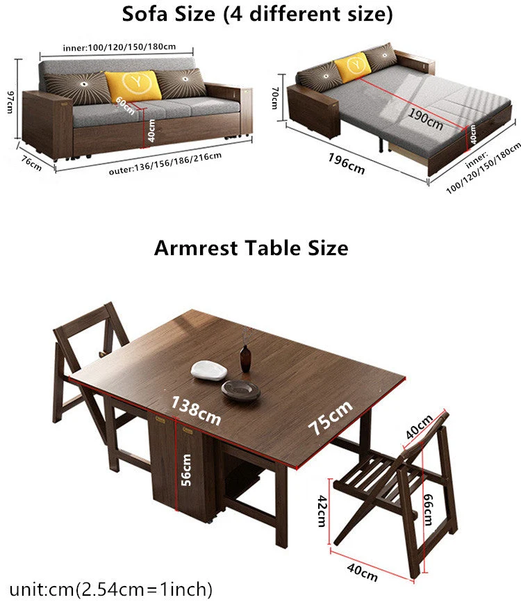 Canapé-lit multifonction avec table à accoudoirs pliants