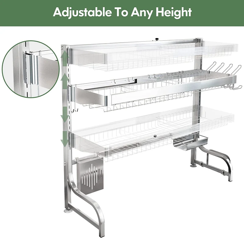 Grand séchoir à vaisselle en acier inoxydable 25.6 réglable (35.5 "-3"), grand évier à 304 niveaux