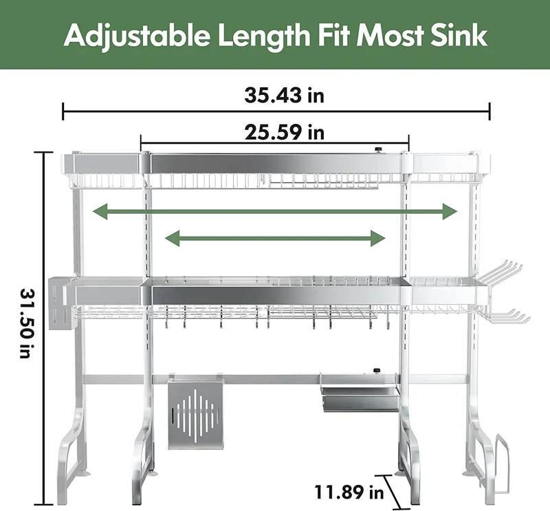 Grand séchoir à vaisselle en acier inoxydable 25.6 réglable (35.5 "-3"), grand évier à 304 niveaux