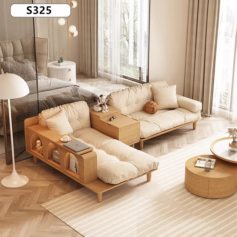 Canapé Japandi en bois massif avec accoudoir rotatif et table d'appoint relevable