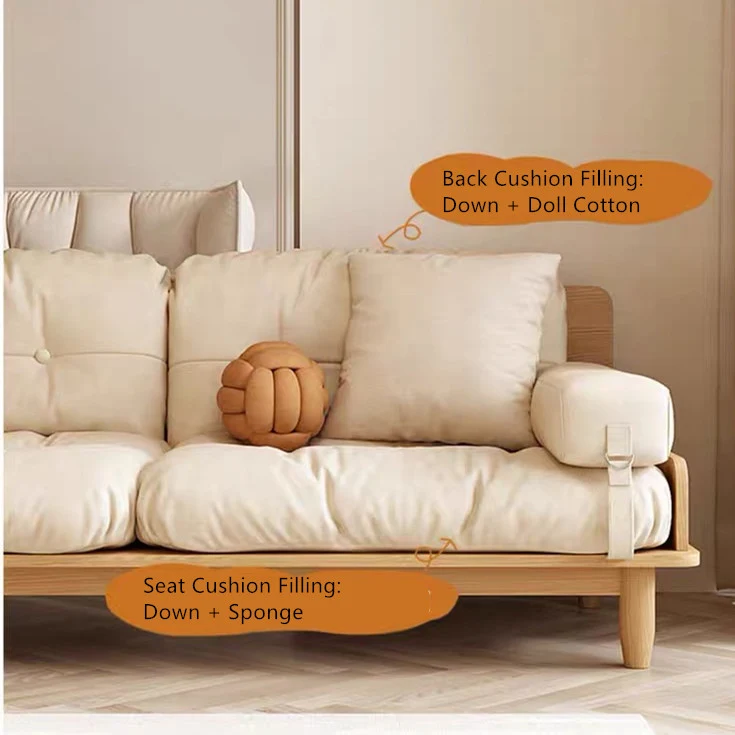 Canapé Japandi en bois massif avec accoudoir rotatif et table d'appoint relevable