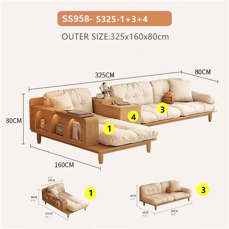 Canapé Japandi en bois massif avec accoudoir rotatif et table d'appoint relevable