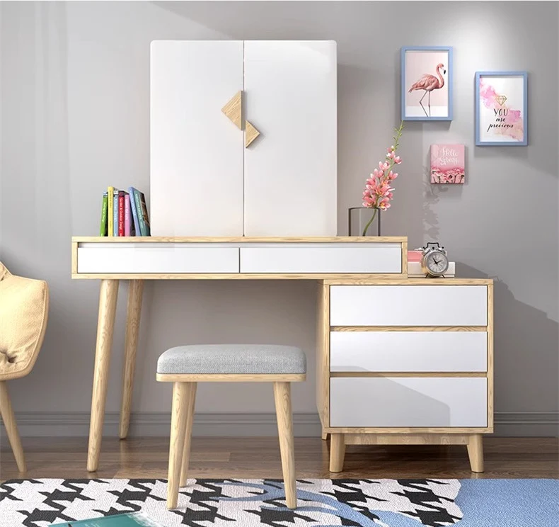 Grand ensemble de coiffeuse avec miroir, lumière et tabouret à coussins