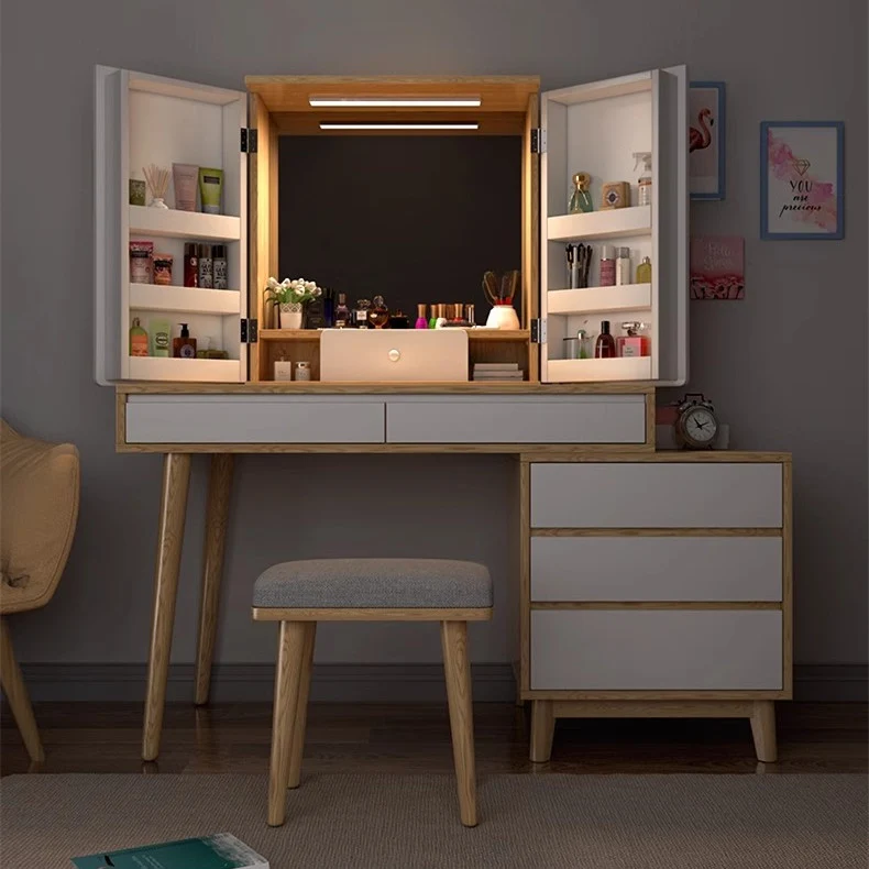 Grand ensemble de coiffeuse avec miroir, lumière et tabouret à coussins