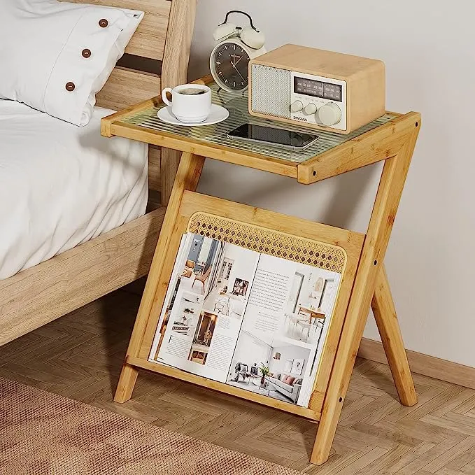 Table d'appoint en bambou et rotin avec rangement