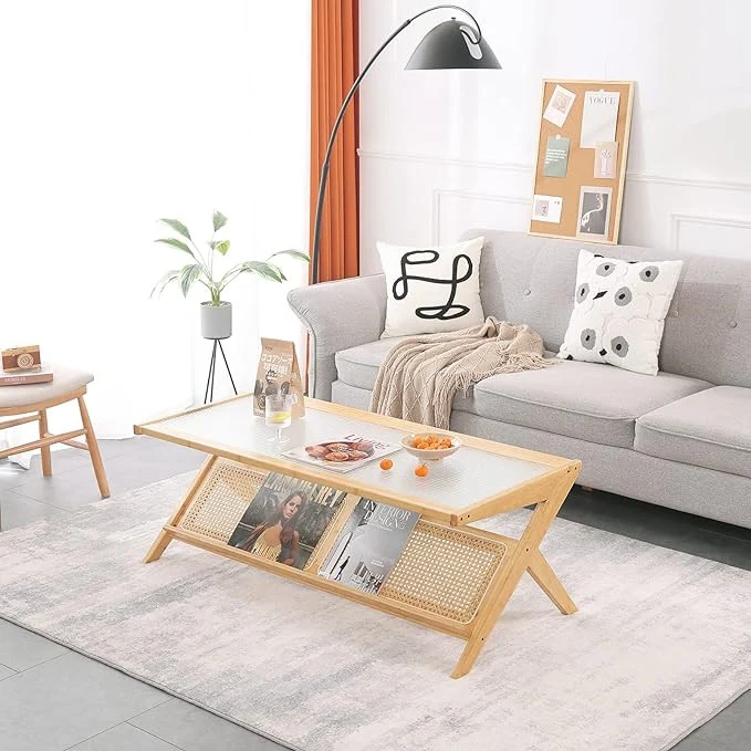 Table d'appoint en bambou et rotin avec rangement