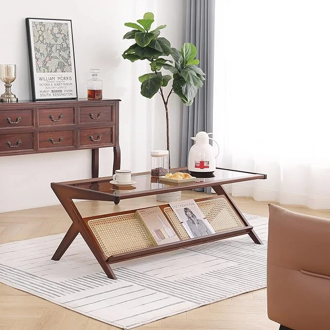 Table d'appoint en bambou et rotin avec rangement