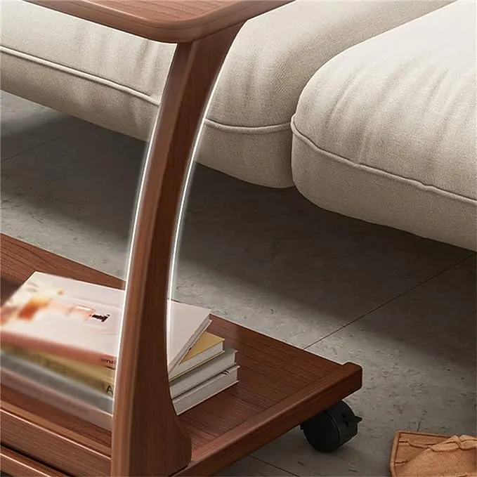 Table d'appoint en bois massif en forme de C avec roulettes
