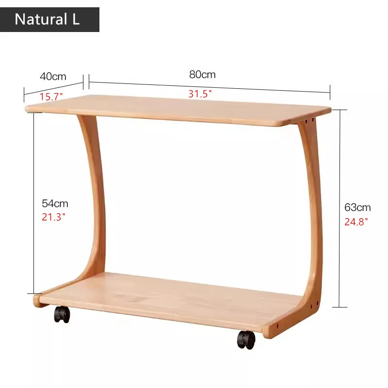 Table d'appoint en bois massif en forme de C avec roulettes