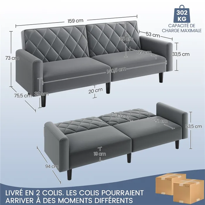 Canapé Droit Convertible En Tissu Canapé-lit Avec Dossier Inclinable Et Accoudoirs, Gris Foncé