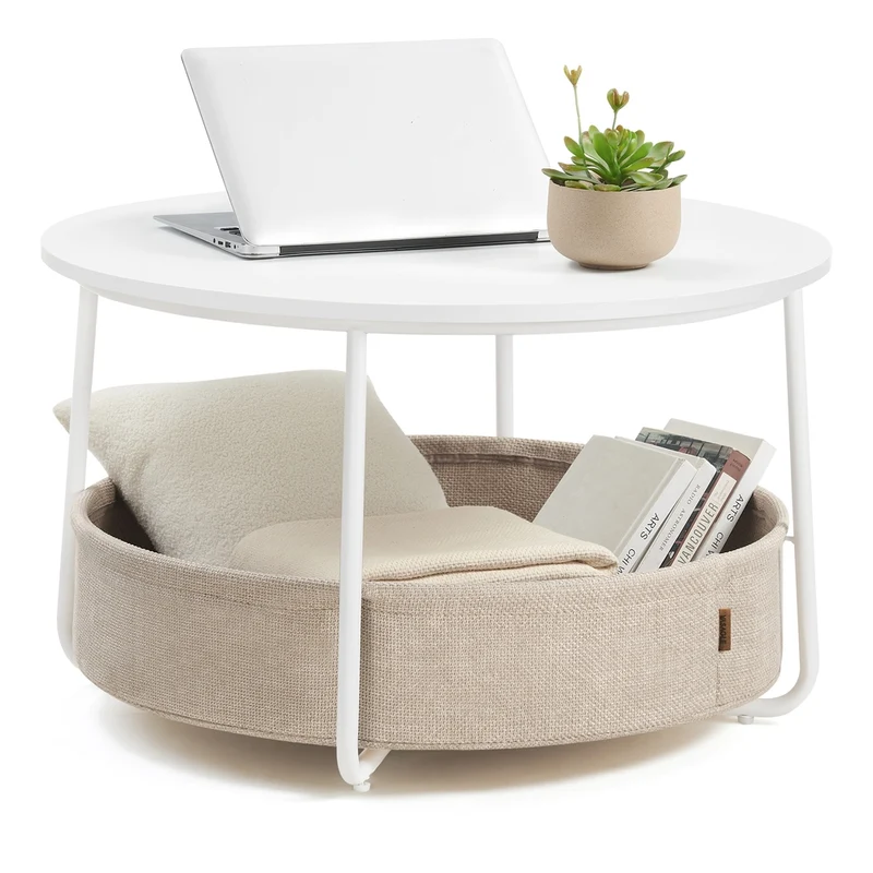 Table basse ronde avec panier de rangement en tissu