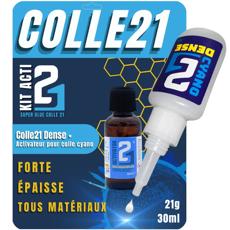 KIT ACTIVATEUR Colle21 Super Glue Colle21 DENSE + ACTIVATEUR LIQUIDE pour cyano 30ml - Colle Extra-Forte Multi-Usages Idéale pour le modélisme, le bricolage créatif et les réparations techniques exigeantes.🛠️