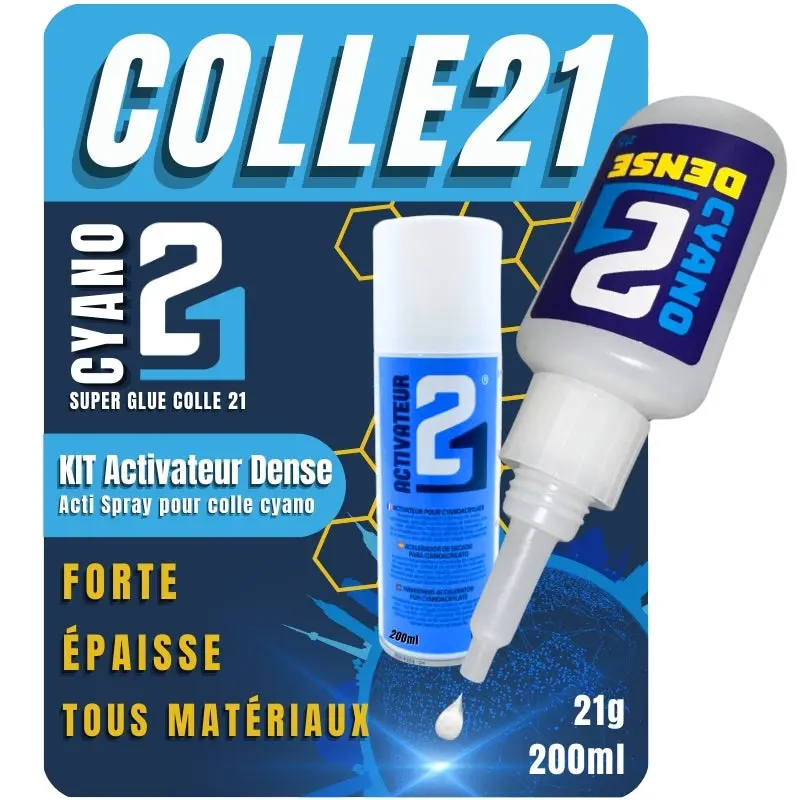 🧪 KIT ACTI DENSE Colle21, Super Glue Colle21 DENSE + Activateur Spray 200ml – Parfaite pour les travaux de modélisme de précision, le bricolage artistique et les réparations techniques à haute exigence. 🛠️