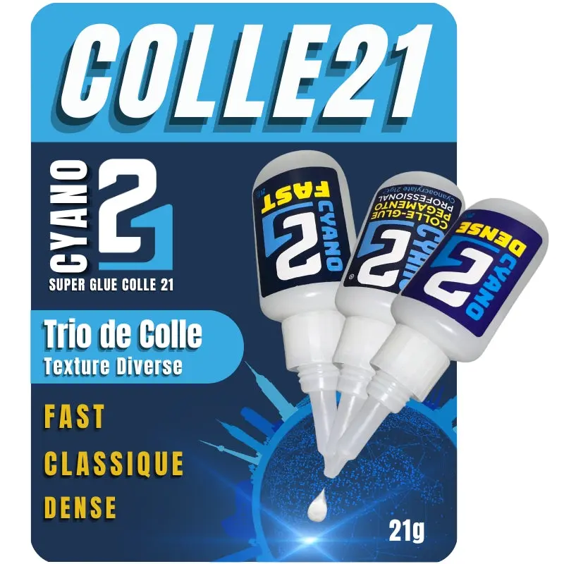 🧪 Kit TRIO Super Glue ( 1 Fast, 1 Dense, 1 Cyano Colle21 21g) Colle21 – 3 Colles Extra-Forte Multi-Usages Idéale pour le modélisme, le bricolage créatif et les réparations techniques exigeantes.🛠️