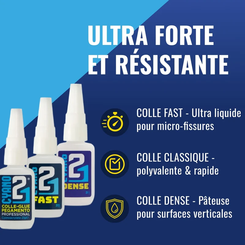 🧪 Kit TRIO Super Glue ( 1 Fast, 1 Dense, 1 Cyano Colle21 21g) Colle21 – 3 Colles Extra-Forte Multi-Usages Idéale pour le modélisme, le bricolage créatif et les réparations techniques exigeantes.🛠️