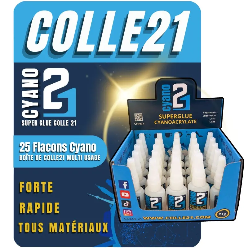 📦 Super Glue Cyano Colle21 – Boîte de 25 Flacons (21g) : Colle Extra-Forte Multi-Usages Idéale pour le modélisme, le bricolage créatif et les réparations techniques exigeantes.🛠️
